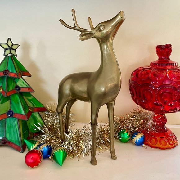Large 12" Mid Century Standing Brass Deer Figure Xmas Reindeer Holiday Decor - Picture 2 of 8